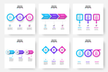 Nine slides with infographics elements for business presentation. Vector info graphic design templates. Concept with 3 options, parts or steps