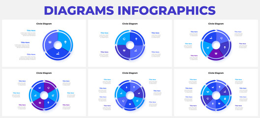 Set of cycle diagrams divided into 3, 4, 5, 6, 7 and 8 sectors. Infographic design template. Business data visualization
