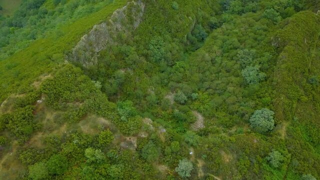 aerial view of the old Roman gold mine "a toca" on the green mountains of Caurel