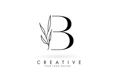 Fototapeta premium B letter logo design with elegant and slim leaves vector illustration.