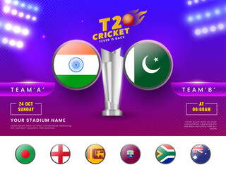 T20 Cricket Fever Is Back Concept With Silver Winning Trophy Of Participated Team India VS Pakistan On Purple And Blue Stadium Lights Background.