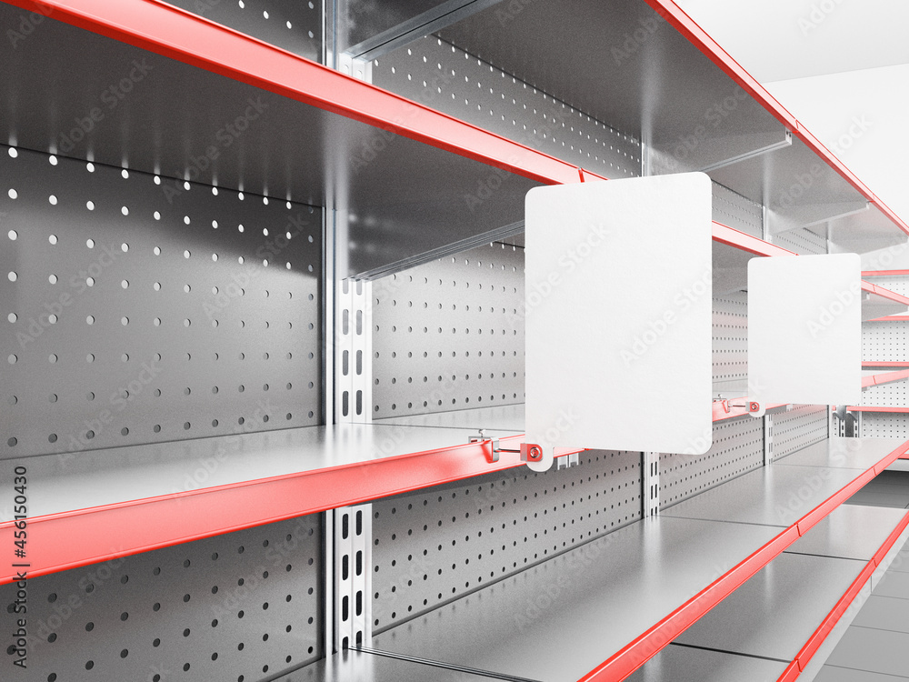 Poster supermarket shelves with attached banner or wobbler. blank shelf flag display mock-up. 3d rendering