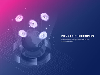 3D Illustration Of Global Bitcoin Between Emerging Rays On Blue And Pink Circuit Background For Crypto Currencies Concept.
