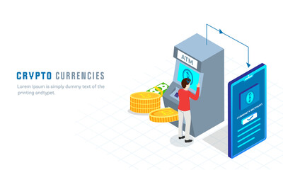 3D Illustration Of Man Bitcoin Payment From ATM To Smartphone On White Background For Crypto Currencies Concept.