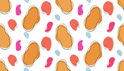 Trendy memphis seamless pattern with yellow, orange, blue abstract shapes on white background. Hipster abstract shapes. Vector hand drawn modern doodle.