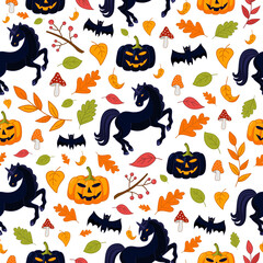 Fototapeta premium Seamless Halloween texture with black unicorns, fly agarics, pumpkins, bats and leaves