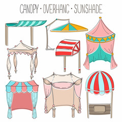 Set of vector outline images of awnings, gazebos, tents, awnings, sun shades and wedding canopies. Line art illustrations for printing advertisements, invitations, banners, logos.