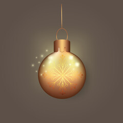 Realistic golden shiny christmas tree toy glass ball on dark background.
