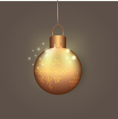 Realistic golden shiny christmas tree toy glass ball on dark background.