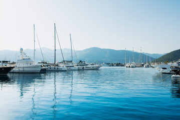 Fototapeta premium Sunset view of the yacht marina in Porto Montenegro