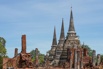 view to Wat Phra Si Sanphet temple in Ayutthaya historical park and temple bricks wall ruins...