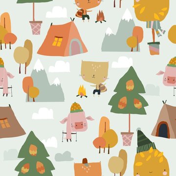 Seamless Pattern with Funny Animals and Autumn Elements