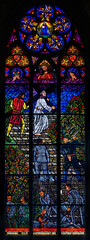 Stained-glass window depicting the Mauthausen concentration camp in Austria. Votivkirche – Votive...