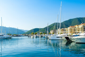 Sunset view of the yacht marina in Porto Montenegro