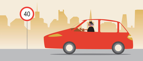 Woman driver, speed 40, flat vector stock illustration with limited road speed and maximum driving speed