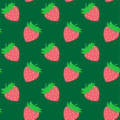 Seamless pattern with red strawberries on green board. Tasty berry, sweet food illustration. Summer theme. Beautiful print for textile, greeting cards, wrapping paper, decor and design