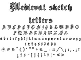 Medieval sketch alphabet letters, vector ilustration
