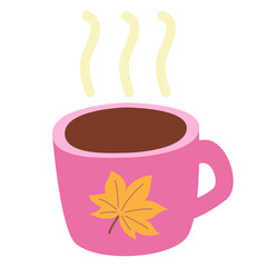 Funny cartoon mug with hot tea, cute vector illustration in flat style. Beige, brown and pink colors. Maple leaf print. Autumn hot drink, cozy style print. Cup of herbal tea