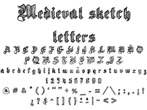 Medieval sketch alphabet letters, vector ilustration