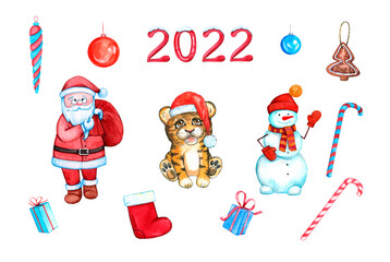 Christmas watercolor set isolated on a white background. Tiger, Santa, snowman, Christmas toys, 2022. Cartoon characters. New Year's collection. Watercolor hand drawing