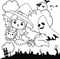 Halloween coloring book cute little girl witch