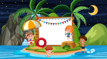 Naklejka premium Kids on vacation at the beach night scene with an empty banner template.