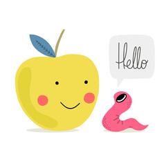 Cute cartoon illustration with apple and worm. Hand drawn  illustration for posters, cards, t-shirts.