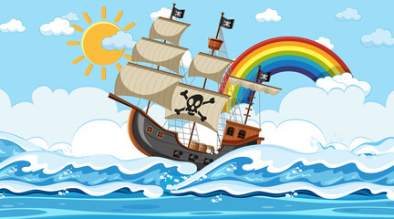 Ocean scene at day time with Pirate ship in cartoon style