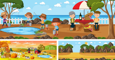 Set of different outdoor landscape scenes with cartoon character