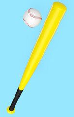 Yellow rubber professional softball or baseball bat and ball isolated on blue