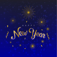 Fototapeta na wymiar Happy New year blue background with confetti and galaxy vector stock sign illustration