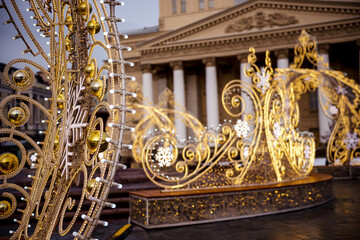 Christmas Moscow. Winter holidays in Russia. Illumination in front of Bolshoi Theater. Christmas illumination streets of Moscow. Russian sights in new year. Christmas celebrations in capital Russia.