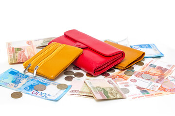 Online shopping. Many wallets and money around them