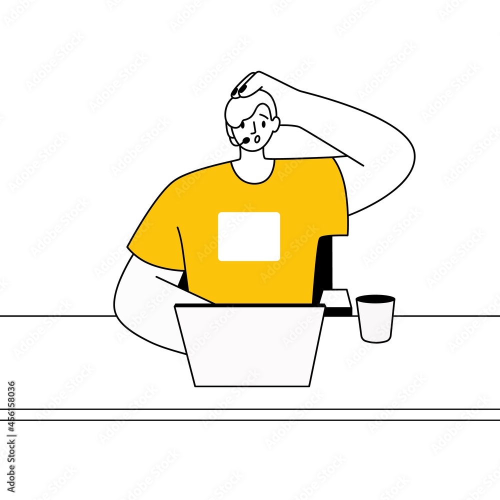 Poster call-center operator working with laptop in customer support service. puzzled and doubting helpdesk 