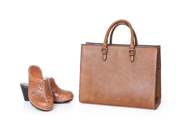 Ladies business bag, brown tote and pair of casual summer shoes, genuine leather footwear