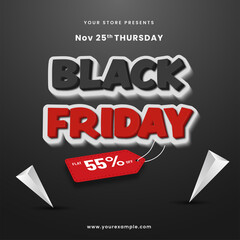Black Friday Sale Poster Design With 55% Discount Tag And 3D Triangle Elements On Dark Gray Background.