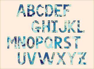 Abc letters for different design. Abc font.  Latin uppercase alphabet letters. Blue winter colors with golden stroke.