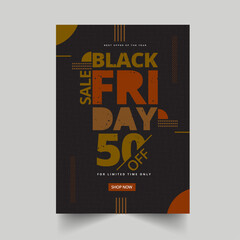 Black Friday Sale Poster Or Template Design With 50% Discount Offer For Advertising.