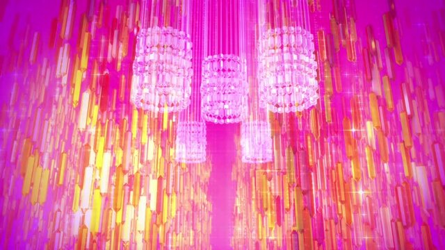 Glittering chandeliers for a classical dance backdrop. Abstract background. The bottom view of the chandeliers in the dance room. Ball or disco. The video is ready to loop.