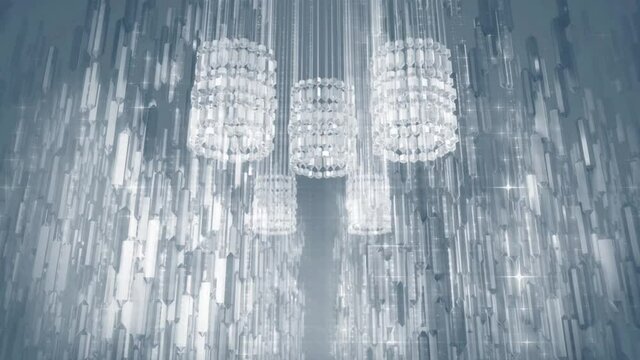 Glittering chandeliers for a classical dance backdrop. Abstract background. The bottom view of the chandeliers in the dance room. Ball or disco. The video is ready to loop.