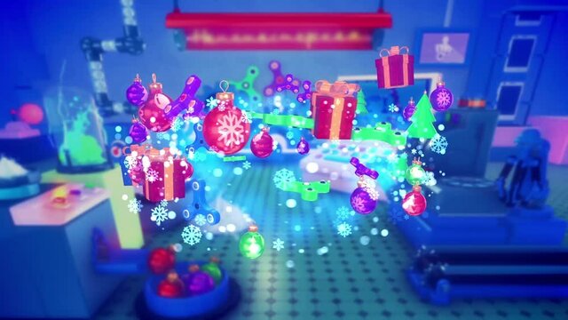A magic carousel of gifts in a fabulous laboratory of modern Christmas toys. Drawn scenery for a children's play about New Year's or Christmas adventures in the laboratory of modern New Year's toys.
