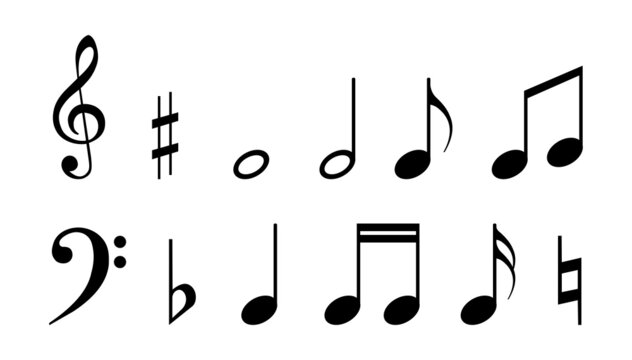 Musical notes, treble clef and bass clef for teaching musical literacy. Black symbols are zilorovana on a white background. 