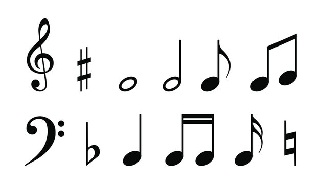 Musical notes, treble clef and bass clef for teaching musical literacy. Black symbols are zilorovana on a white background. Vector.
