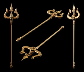 Golden tridents isolated on black background. 3D illustration