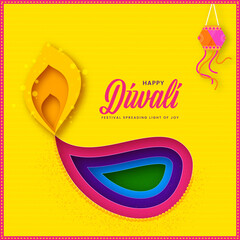 Happy Diwali Greeting Card With Colorful Paper Cut Burn Oil Lamp (Diya) And Hanging Lantern On Yellow Background.