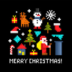Naklejka premium Merry christmas card with retro pixel characters on black background.