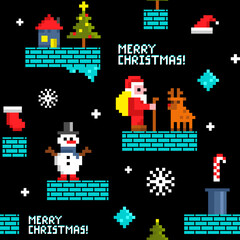 Seamless christmas background with pixel santa claus, deer and snow man in video game.