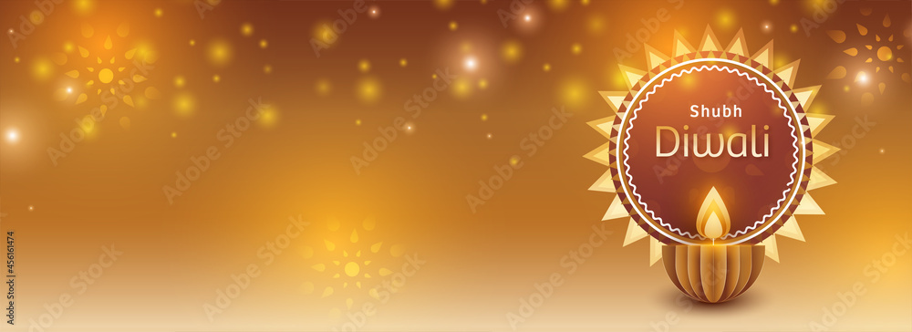 Sticker Shubh (Happy) Diwali Celebration Concept With Paper Cut Lit Oil Lamp (Diya) On Golden Light Effect Background.