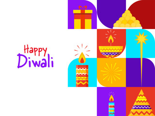 Happy Diwali Celebration Concept With Flat Style Colorful Lit Candles, Firecracker, Laddu (Sweet Balls), Oil Lamp And Gift Box On White Background.