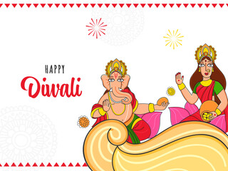 Obraz na płótnie Canvas Happy Diwali Celebration Concept With Illustration Of Lord Ganesha And Goddess Lakshmi Character On White Background.